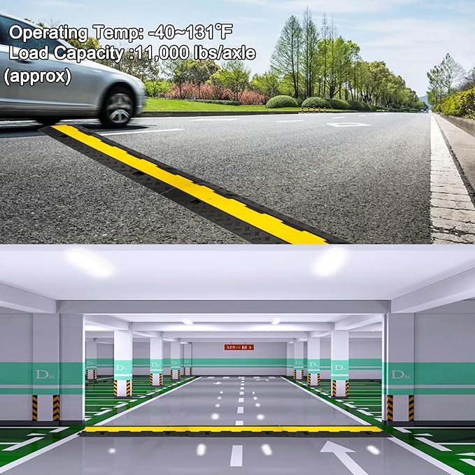 CXRCY Cable Ramp 4 Pack 2 Channel 11000lbs axle Capacity Floor Cable Cord Protector, Black & Yellow Speed Bumps Hose Protector Ramps for Wire/Hose/Pipe Hider Driveway &Outdoor 40x10x2 inch(L x W x H)