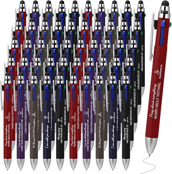 Yexiya 50 Pack 4 Color Retractable Pens Multicolor Ballpoint Pens Bulk 2 in 1 Stylus for Touch Screens Office Nurses Teachers Work Party Favors Gift (Bible Verse)