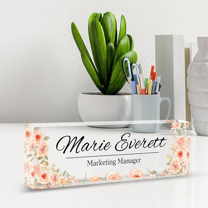 Personalized Name Plate for Desk - Office Gifts for Teacher, Boss, Employee Appreciation - Desk Decor (Blooming)