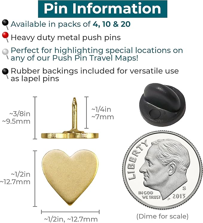 Big Gold Heart Push Pins - Large Gold Metal Heart Map Pins - for Cork Board, Maps, or Lapel Pin Use - Designed in USA - Set of 10