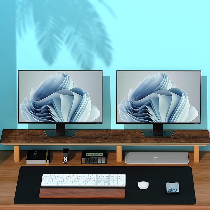 Large Dual Monitor Stand Riser - Solid Wood Desk Shelf with Eco Cork Legs for Laptop Computer/TV/PC/Printers, Perfect Desktop Stands Organizer with Underneath Storage for Office Accessories,Vintage