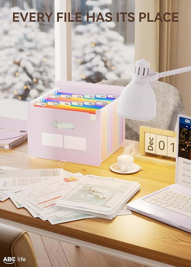 ABC life 12-Pocket Expandable Accordion File Organizer for Monthly Bills & Receipts - Portable A4/Letter Size Document Holder with Colored Tabs - Ideal for Home, Office & Travel folder- Pinkish Purple