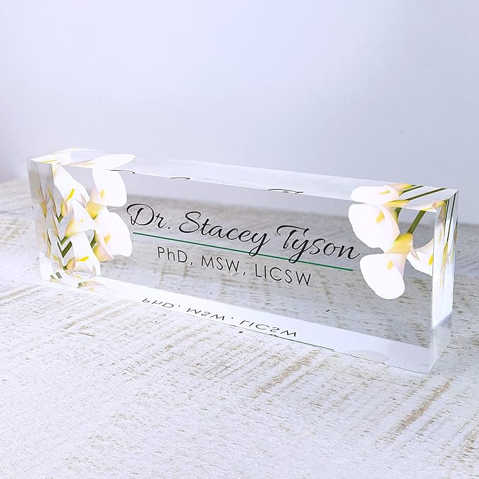 Artblox Office Desk Name Plate Personalized | Custom Name Plates for Desks | Calla Flowers Design On Clear Acrylic Glass | Office Desk Decor - (8" x 2.5")