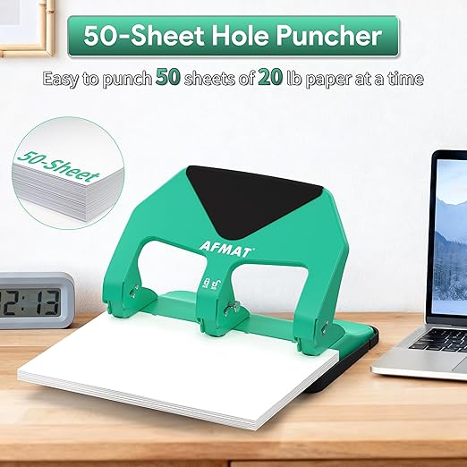 AFMAT Heavy Duty 3 Hole Punch, 50-Sheet Capacity, 50% Reduced Effort Three Hole Puncher for Binder, 10K+ Uses, Large Chip Tray, Adjustable Paper Guide, Office Metal Paper Puncher 3 Ring HP20(Green)