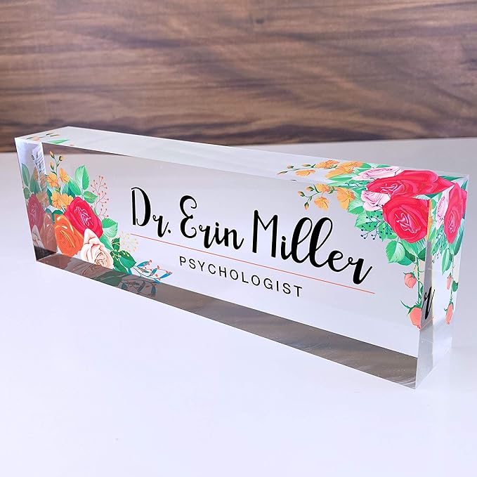Artblox Office Desk Name Plate Personalized | Custom Name Plates for Desks | Mixed Flowers Design On Clear Acrylic Glass | Office Desk Decor