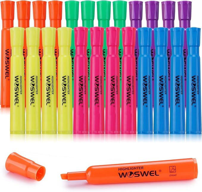 WOSWEL Highlighters Bulk, 24 Pack Tank Style Highlighters Assorted Fluorescent Colors Set, 6 Bright Colors Chisel Tip Highlighter Markers for Kid and Adult Coloring, Highlighting as School Supplies