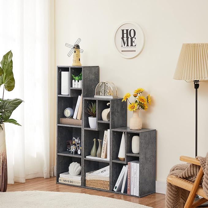 VECELO 3-Tier Small Bookcase, 4 Cube Bookshelf with Height Difference Shelves for Most Books, Modern Floor Standing Unit, Each Shelf Hold Up to 66 LBS for Living Room Bedroom, Grey