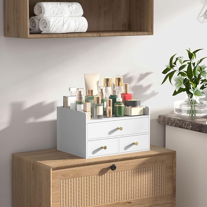Bamboo Desk Organizer with Drawers Wooden Desktop Storage Organization Box for Bills Office Supplies Kitchen Utensils Organizing Tool for Home Classroom Vanity, No Assembly Required (3 Drawers, White)