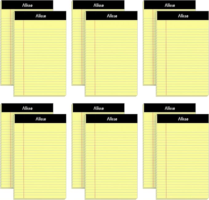 Alitte 5x8 Small Notebooks – 12 Pack Narrow Ruled, Yellow Perforated Note Pads with 50 Sheets Per Notepad, (No Ink Bleeding) Ideal Legal Pads for Writing, Note Taking, Home, Office, School
