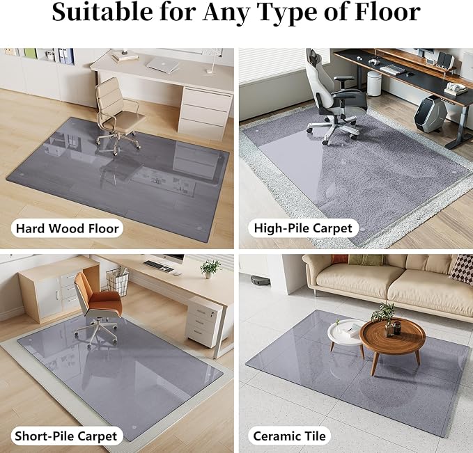 FlyEcho Glass Chair Mat 36" x 55" Heavy Duty Tempered Glass Office Chair Mat, Glass Floor Mat with Round Corner and Polished Edge for Smooth Glide, Carpet Hardwood Floor Protector,Grey