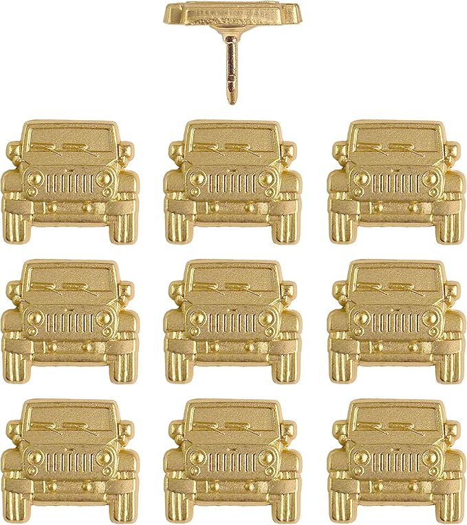 Jeep Push Pins - Gold Jeep Map Pins - for Cork Board, Maps, or Lapel Pin Use - Designed in USA - Set of 10
