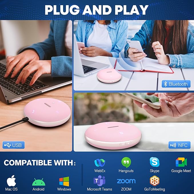AISPEECH M4 Bluetooth Speakerphone Conference Speaker and Microphone with AI Noise Reduction GPT Transcription Speakers for Computer Desktop 360° Voice Pickup at Home Office for Teams/Zoom, Pink