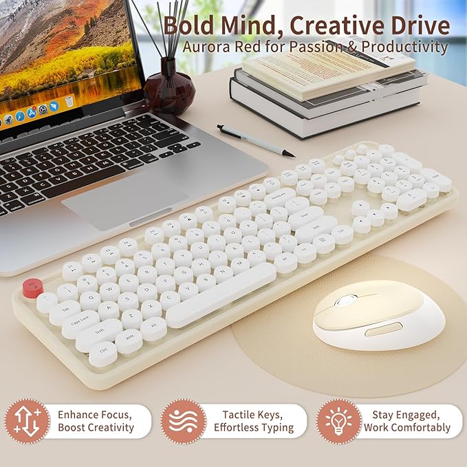 HotFox Wireless Keyboard and Mouse Combo, Full-Size Retro Typewriter Keyboard with Round Keycaps, Ergonomic Design for Windows PC, Home and Office Use - Cream