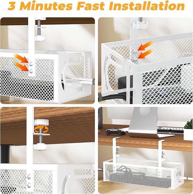 Under Desk Cable Management Tray, 15.7'' No Drill Steel Desk Cable Organizers, Wire Management Tray Cable Management Rack (1 Pack-White)