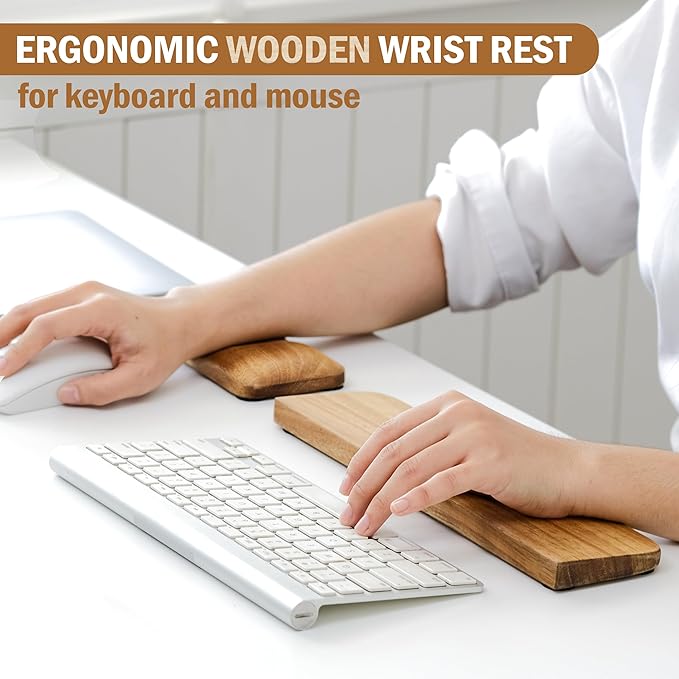 Acacia Wood Keyboard Wrist Rest & Mouse Pad Set – Ergonomic Wooden Support for Typing & Gaming, Non-Slip Base, Pain Relief, Easy to Clean, Fits 60% & 65% Mechanical Keyboards