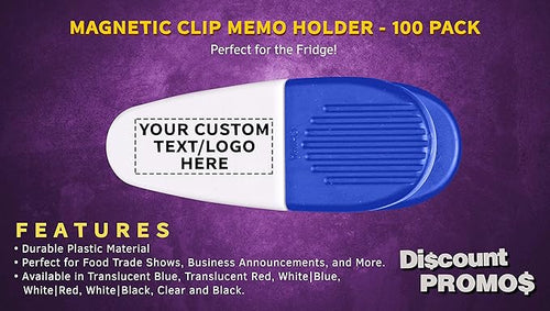 100 Magnetic Memo Holders Set - Customizable Text, Logo - Large Clip, Plastic - White Blue