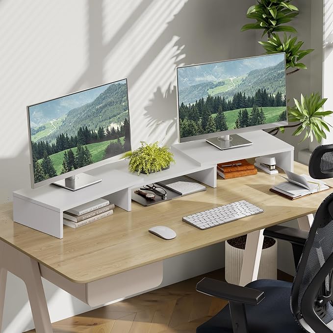 FITUEYES Dual Monitor Stand – 3 Shelf Computer Monitor Riser, Wood Desktop Stand with Adjustable Length and Angle, Desk Accessories, Office Supplies Medium White, DT108008WW