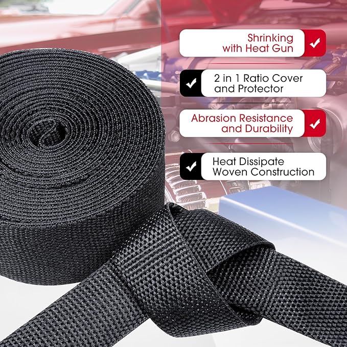 Black 2:1 Ratio Automotive Heat Shrink Braided Sleeving,Wear-Resistant Flat Woven Shrinkable Sleeve Fabric Car Cable Wires Hoses Protection (1-3/8"-35ft)