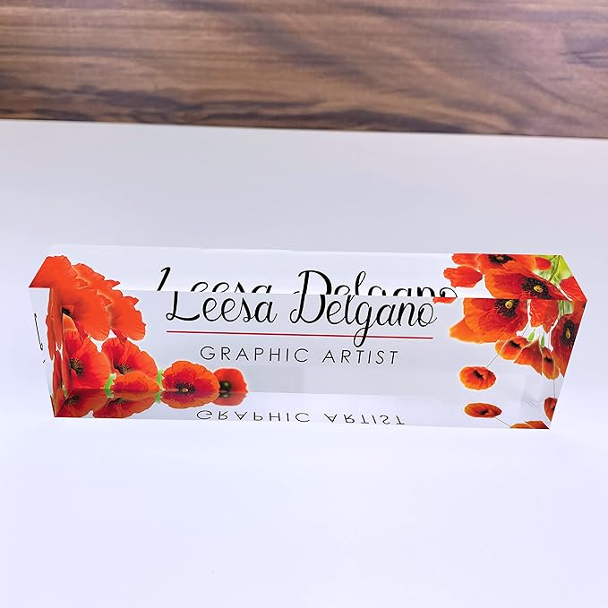 Artblox Personalized Name Plate for Desk | Poppy Flowers Design On Clear Acrylic Glass | Custom Desk Name Plate Personalized with Your Name and Credentials for Teacher Phd Military Office