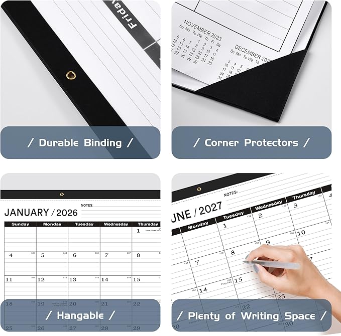 Desk Calendar 2026, Desk Calendar 2026 Large 22 x17(January 2026 - June 2027),2026 Calendar,Classic Black,Large Calendar 2026-2027 with Plastic Cover(2 PACK)