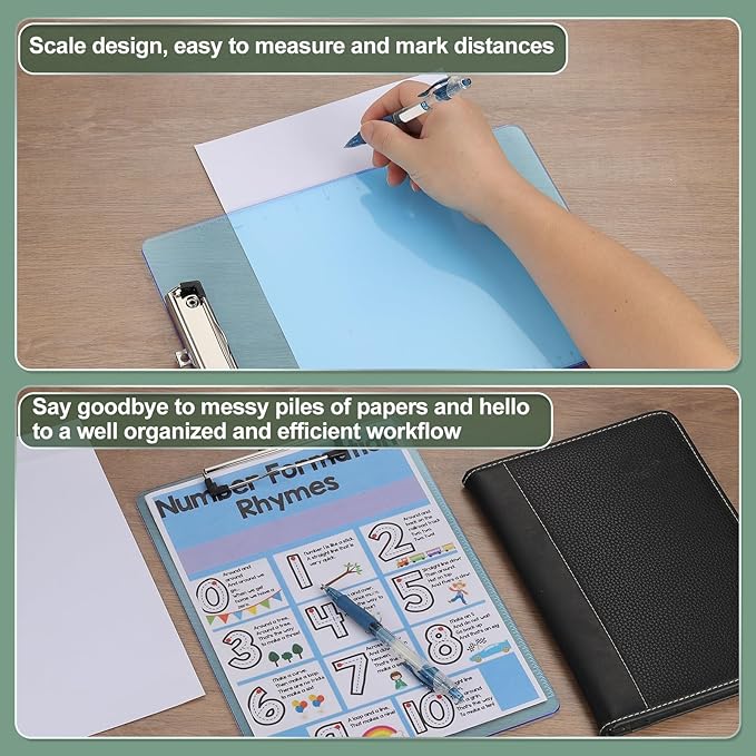 M&G 2 Pcs Plastic Clipboards 12.4 x 8.9 Inch, Ruler Clip Boards with Low Profile Metal Clip Holds 110 Sheets of A4 Letter Size Paper for Office Classroom, Transparent Blue