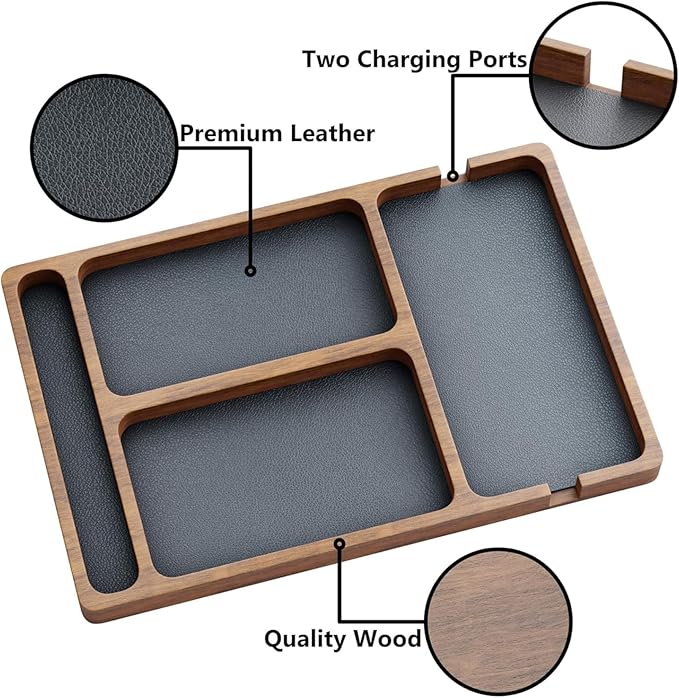 Wooden Valet Tray with Leather Inlay, Compartment Nightstand Catch All Organizer for Keys, Phone, Wallet, Watch, Earbuds, for Men Women, Catch All Tray