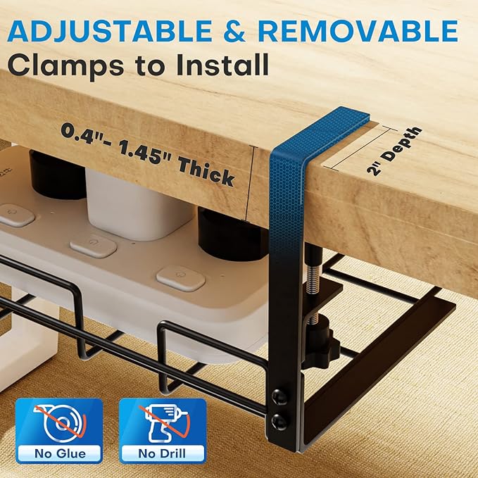 No Drill Under Desk Cable Management Tray, Desk Wire Management Cable Tray Sturdy Metal Wire Organizer Under Desk Basket for Office and Home Standing Desk -Black