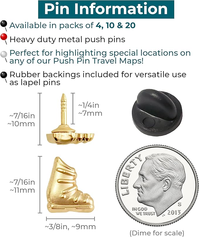 Ski Boot Push Pins - Gold Ski Boot Pins - for Cork Board, Maps, or Lapel Pin Use - Designed in USA - Set of 10