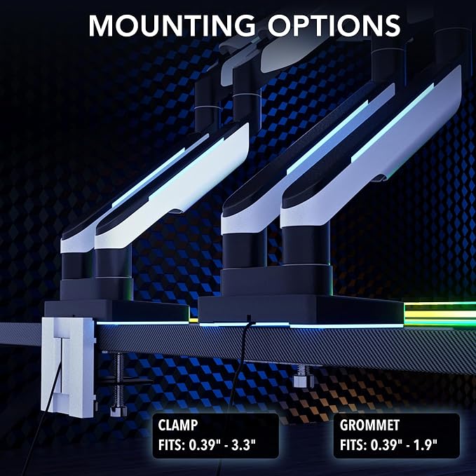 Mount-It! Heavy Duty Dual Monitor Arm up to 35 in. 44 lbs Screens, RGB Lights, 75x75 100x100 VESA Desk Mount for 2 Widescreen Curved Monitors 27 32 34 35 inches, Gas Spring, Clamp, Grommet, RGB Lights