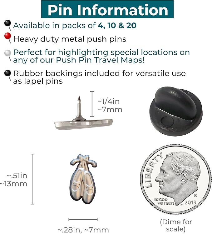 Ballet Slipper Push Pins - Silver Ballet Slippers Map Pins for Cork Boards, Maps, or Lapel Use - Designed in USA - Set of 10