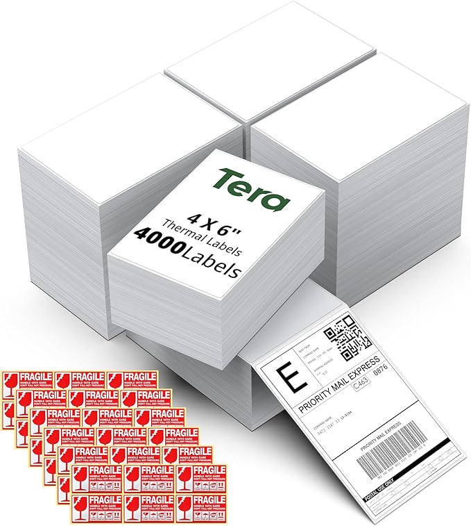Tera Direct Thermal Labels 4x6: 4000 Fanfold Shipping Labels with Perforated Strong Adhesive Printer Paper for Thermal Printer Commercial Grade with 48 Fragile Sticker Labels