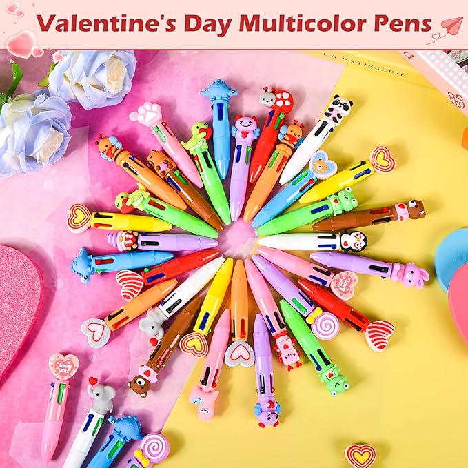 LiYiQ 50 Pcs Valentine's Day Animal Colorful Multicolor Pen in One Cartoon Cute Fun Cute Pens Bulk Kawaii Heart Capybara Frog Panda Shape Lovely Ballpoint Pens for Fun Gifts