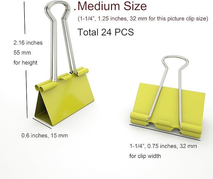 Nctinystore Binder Clips Medium Metal Clamp 1.25 inch / 32 mm (Yellow, 24-PCS)