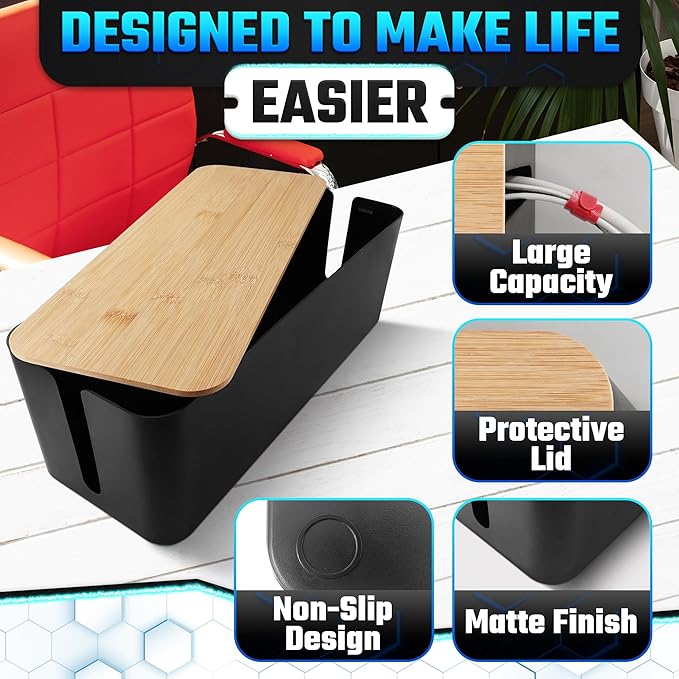 Cord Management Box Set – 2 Pack Cable Organizer Box to Hide Cords and Power Strip Kit with Clips, Reusable Ties & Sleeve – Functional, Modern Design | Medium & Large Sizes for Home & Office Use