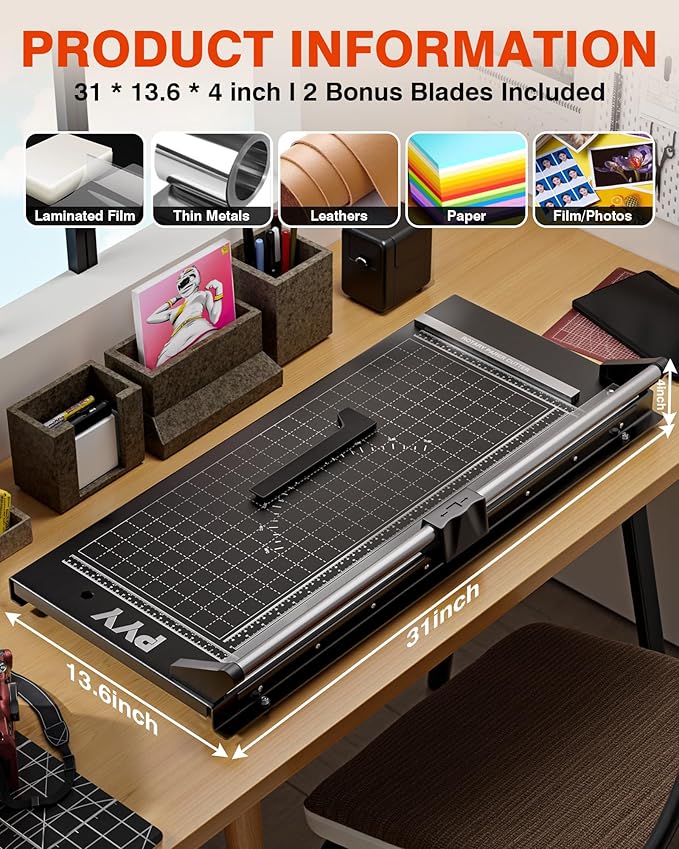 PYY Rotary Paper Cutter - Large Paper Cutter, 24 Inch Heavy Duty Trimmer with Self-Sharpening Blade & Measurement Grid for Cardstock, Posters, Photos - Studio & Office Use