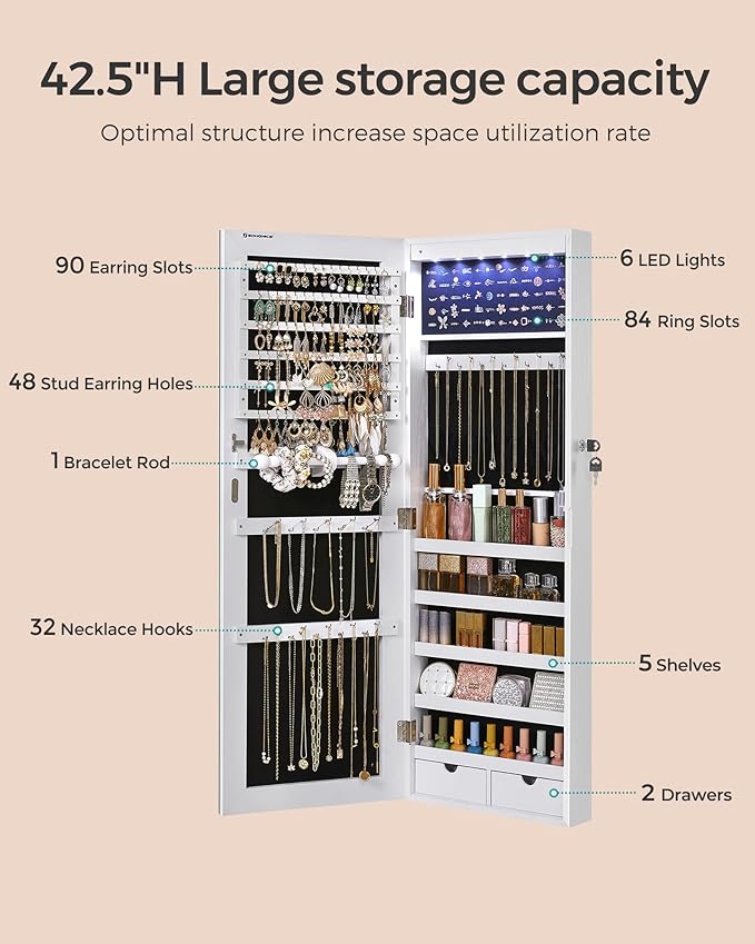 SONGMICS Hanging Jewelry Cabinet, Wall-Mounted Cabinet with LED Interior Lights, Door-Mounted Jewelry Organizer, Full-Length Mirror, Gift Idea, White UJJC99WT