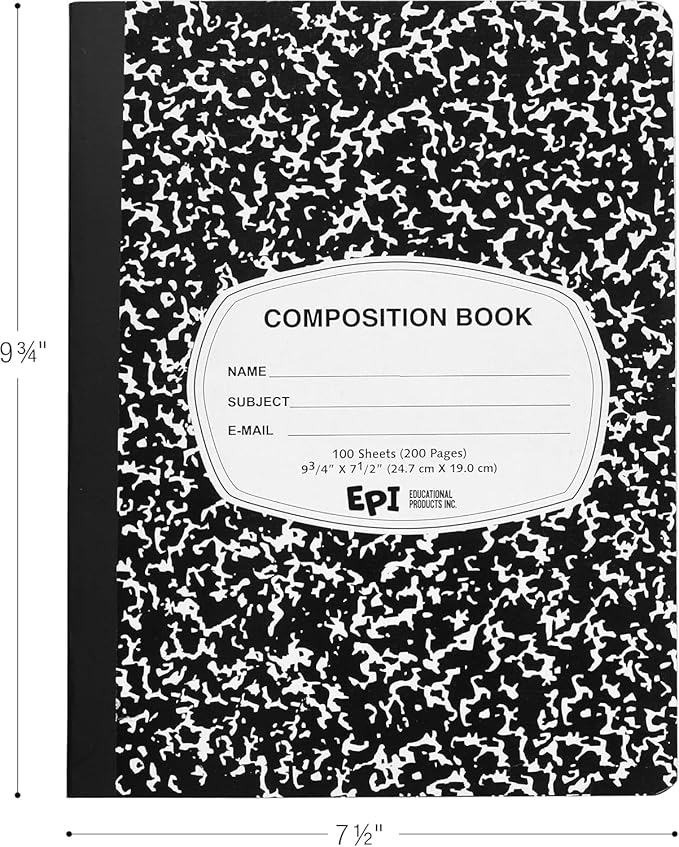 EPI 960 Pack (Pallet) Wide Ruled Composition Notebook Bulk, 200 pages (100 Sheets), 9-3/4 x 7-1/2, Black Marble, Bulk School Supplies, Heavy Duty, Durable Office Notebooks, Sturdy Sewn Binding