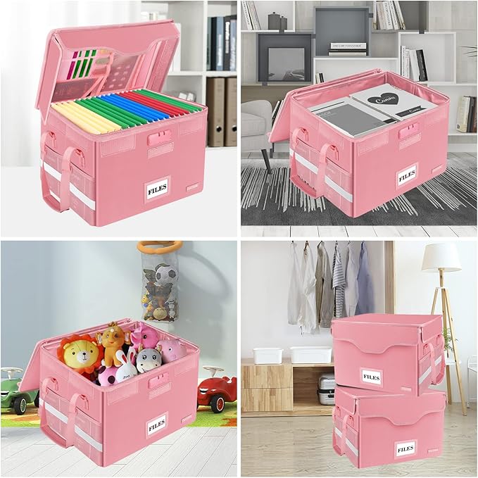 DocSafe Fireproof Document Box with Lock,File Storage Organizer with Zipper Pockets,Collapsible Portable File Box Home Office Safe Filing Cabinet with Handle for Hanging Letter/Legal Folder,Pink