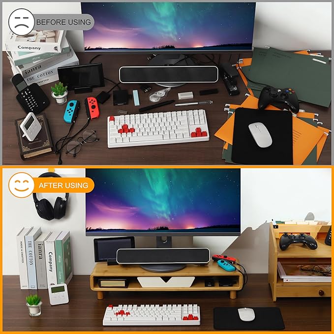 Homerays Monitor Stand with Drawer, Exquisite Computer Monitor Stand for Desk, Ergonomic Wood Monitor Stand Riser for Computer,Laptop,Printer,TV,Bamboo,White