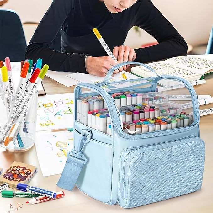 Large Marker Organizer Case for 180 Markers, Marker Storage Bag for Markers, Paint Brushes, Colored Pencils or Other Art Supplies with Dividers and Shoulder Strap (Blue)