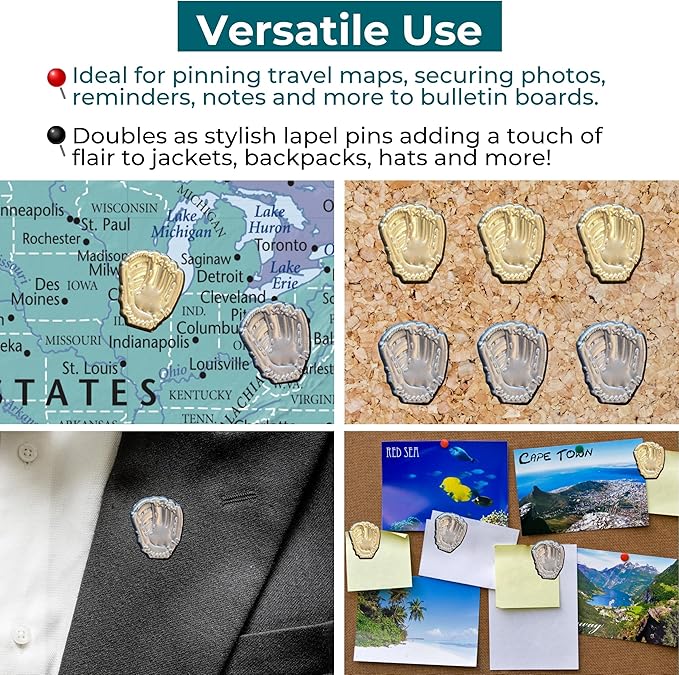 Baseball Glove Push Pins - Gold Baseball Glove Map Pins for Cork Boards, Maps, or Lapel Use - Designed in USA - Set of 20