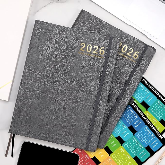 2026 Planner - 2026 Planner Weekly and Monthly, Jan. 2026 - Dec. 2026, 8.5" x 11", Leather Cover Planners with Thick Paper, Back Pocket with Notes Pages - Grey