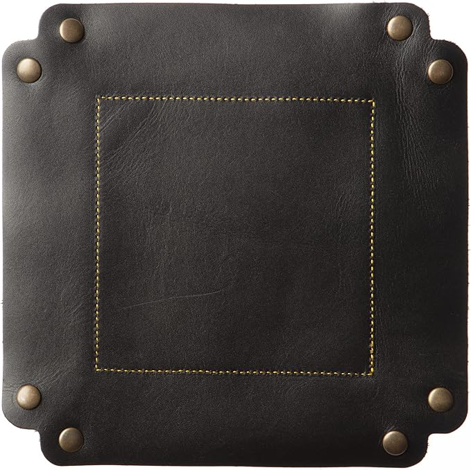 USA Handmade Premium Leather Valet Tray, Folds Flat! Dice Rolling Basket and Organizer with Brass Snaps (Black Gold, Large)