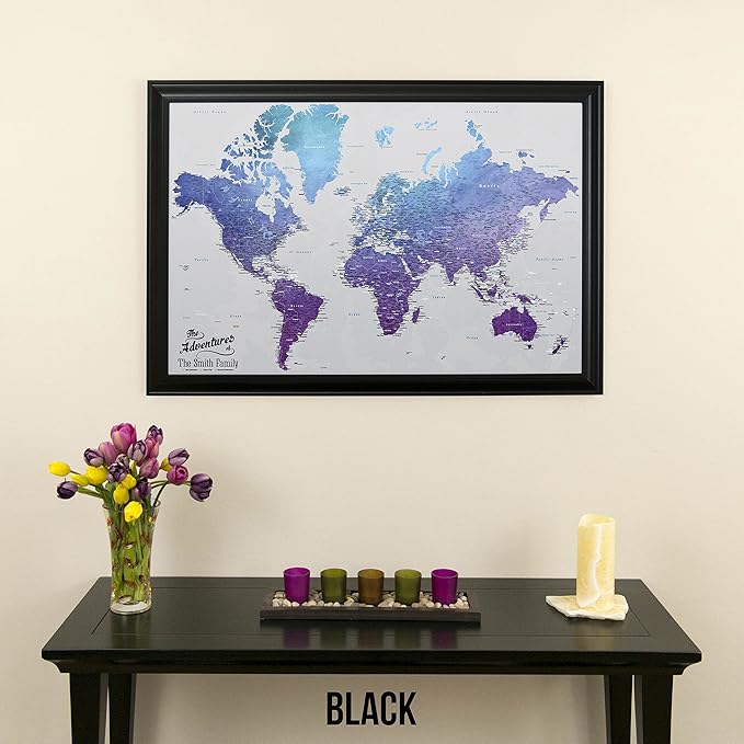 Canvas - Personalized Vibrant Violet World Push Pin Travel Map with Black Frame