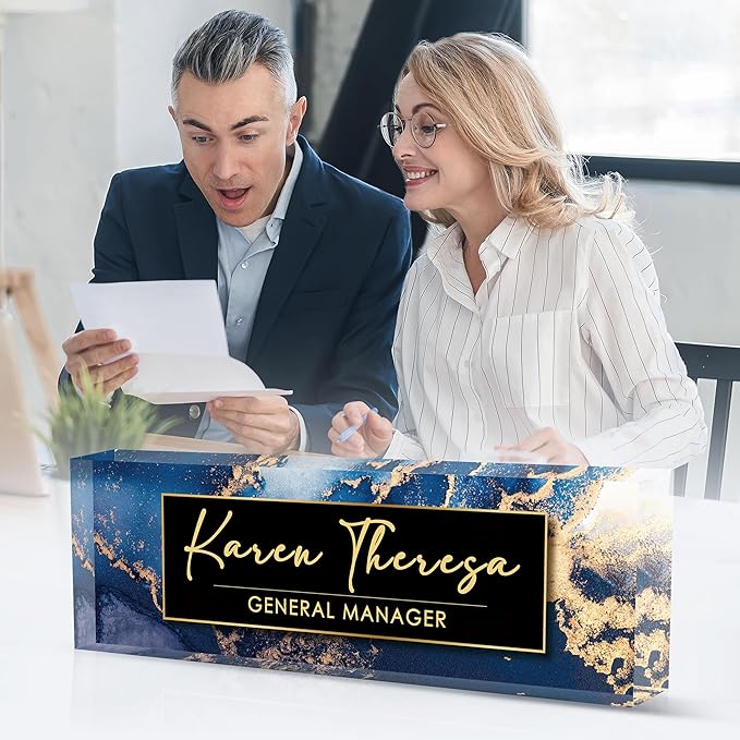 Custom Office Name Plate for Desk, Personalized Gifts for Men, Appreciation Gifts for Employee Coworkers Boss Teacher, Office Accessories (Blue Marble)