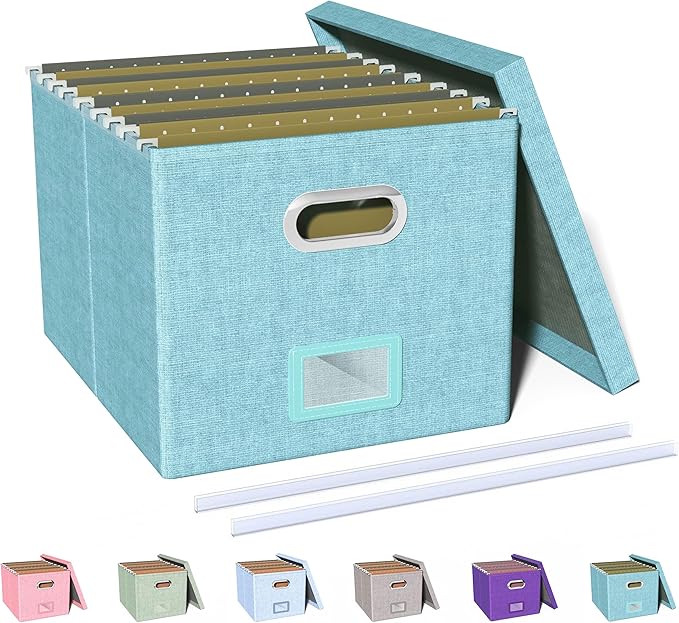 Oterri File Organizer Box with Lid, Portable Hanging File Box for Letter/Legal File Folder Storage, Office/Decor/Home, 1 Pack, Light-blue