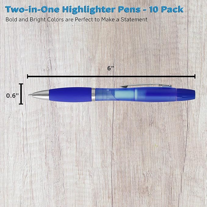 DISCOUNT PROMOS Two in one Highlighter Pens - 10 pack - Plastic Pens - Blue