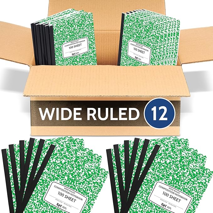 EPI 12 Pack - Green Marble Composition Notebook - Wide Ruled 200 Page Note Book - 9.75 x 7.5 Inch Hardcover Journal with Sewn Binding for Secure Pages - Classroom Back To School Supplies