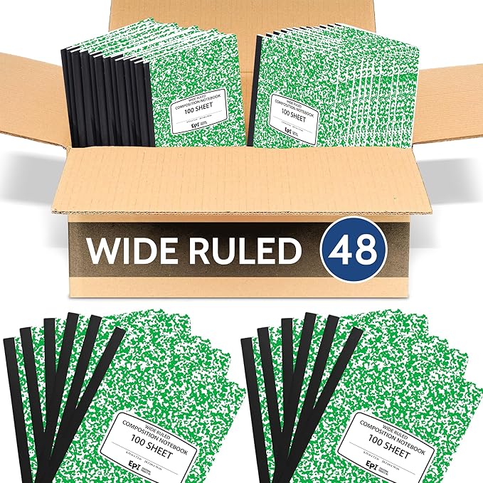 EPI 48 Pack - Green Marble Composition Notebook - Wide Ruled 200 Page Note Book - 9.75 x 7.5 Inch Hardcover Journal with Sewn Binding for Secure Pages - Classroom Back To School Supplies