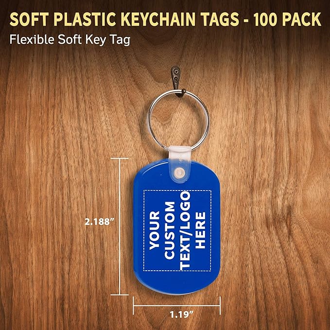 DISCOUNT PROMOS Tag Soft Plastic Keychains - 100 pack - Customizable Text, Logo - Small Key Tag Chain For Staying Organized - Rubber Key Ring Keychain – Blue
